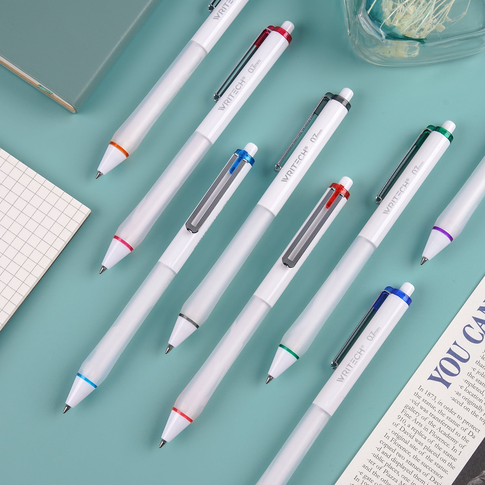 WRITECH Gel Ink Retractable Pens: Assorted Colors Ink 0.7mm Medium Point Pen Set, Smooth Writing Multi Colored No Bleed Pens Bulk for Journaling 8ct