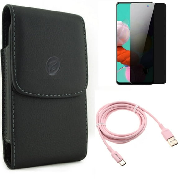 Privacy Screen Protector & Case Belt Clip & 6ft USB-C Cable for Samsung Galaxy S20 Fan Edition - Tempered Glass Anti-Spy   Leather Holster   Pink Charger Cord Combo