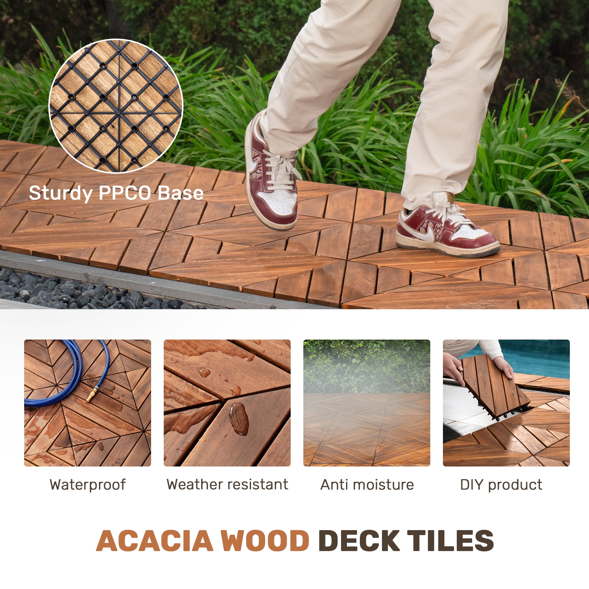 10‑Pack Diagonal Pattern Interlocking Acacia Wood Deck Tiles, 12”×12” Waterproof All‑Weather Outdoor Flooring Tiles for Patio Garden Pool Balcony Porch