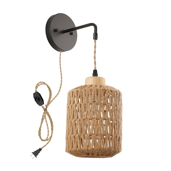 KAYYELAMP Hand-Woven Rattan 9.8Feet Plug in Dimmer Cord Adjustable Wall Sconce Creative Design for Loft Living Room Bedroom Farmhouse