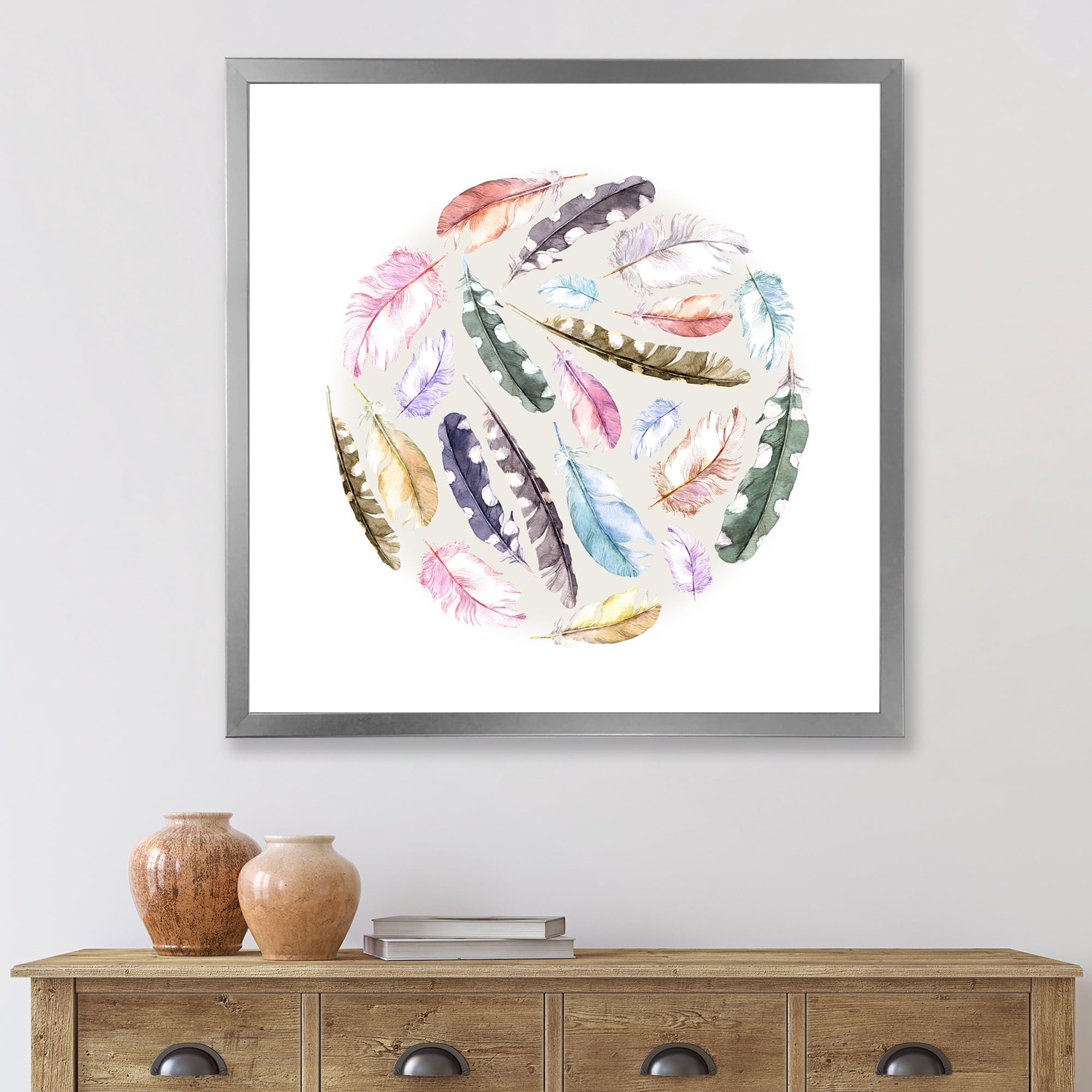 Designart 'Ancient Bird Feathers In Circle' Traditional Framed Art Print