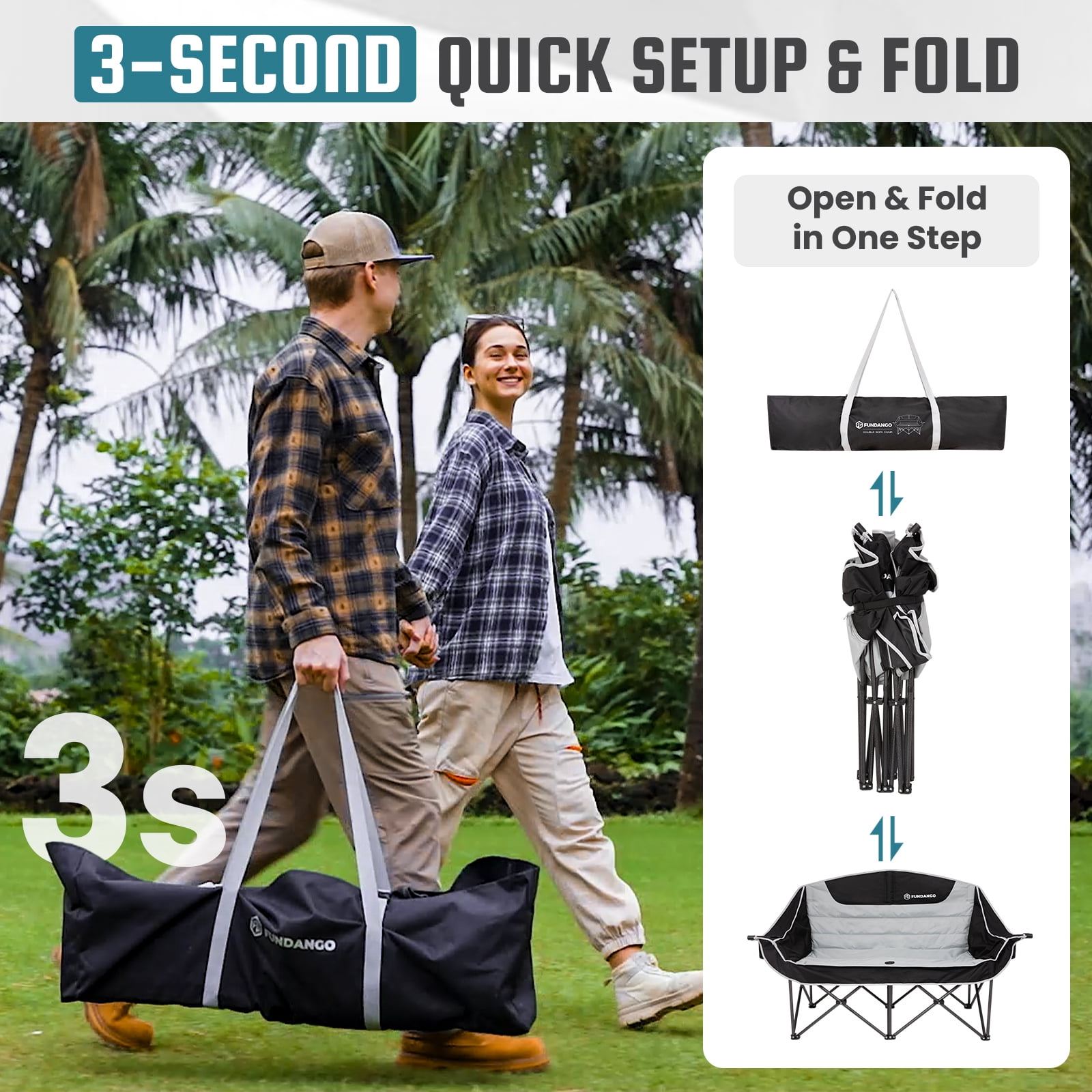 FUNDANGO Oversized Fully Padded 2 Person Loveseat Chair, Folding Double Camping Chair for Adults, Heavy Duty Outdoor Loveseat Chair with Side Table, Portable Double Camping Couch, Black-Grey