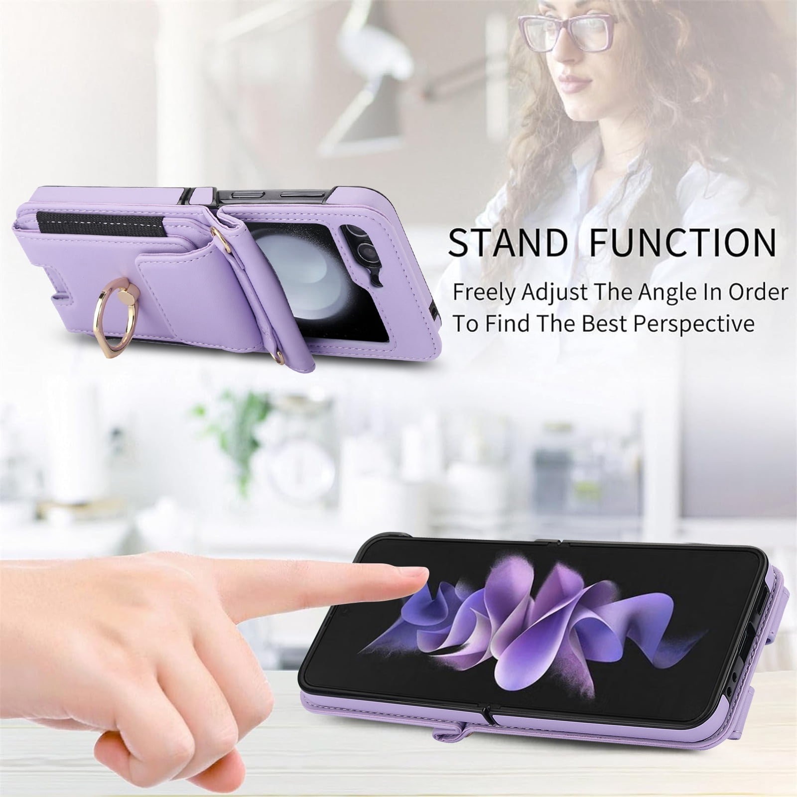 for Motorola Razr 60/Razr 2025 Case, Retro PU Leather Shockproof Protection Phone Case Wallet Built in Credit Card Slots Flip Cover Finger Ring Stand with Long Strap + Short Strap, Purple