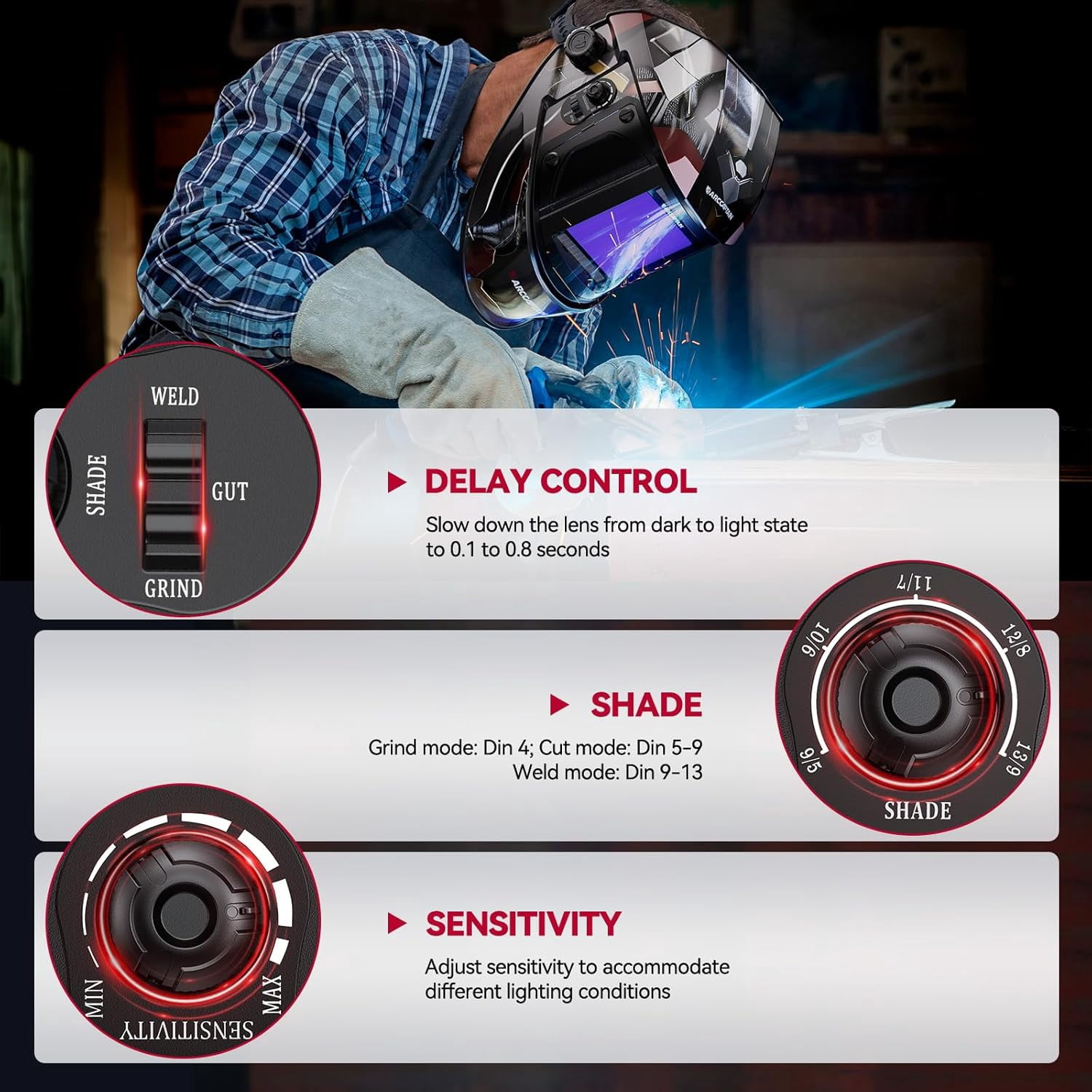 ARCCAPTAIN Auto Darkening Welding Helmet - 180° Panoramic View | 1/1/1/1 True Color Large Lens | 4 Arc Sensors & Solar Power | Shade 4-13 | For TIG, MIG, Arc, Cutting