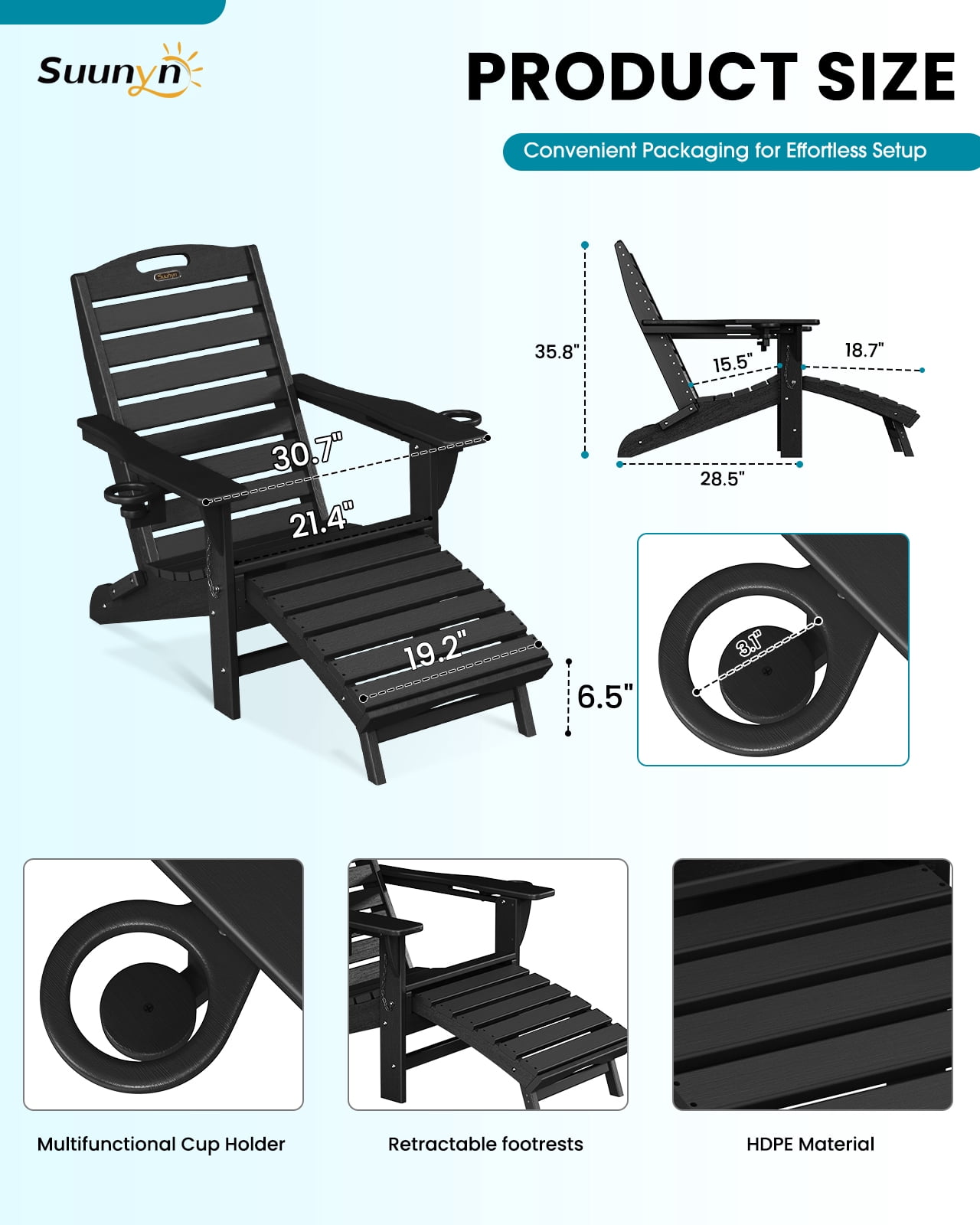 Folding Adirondack Chair with Retractable Ottoman Footrest, HDEP All Weather Fire Pit Chair with 2 Cup Holders for Outdoor, Classic Black