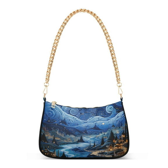 Womens Chain Shoulder Bag Abstract Night with Moon Classic Tote Handbags Fashion Clutch Hobo Purse with Zipper for Travel Casual