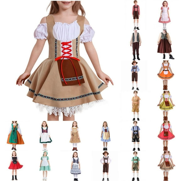 MKOSPLRT Girls' Oktoberfest Cosplay Dress Oufits 2-10Y Long Sleeve Blouse Lace Up Dirndl Dress Pinafore Apron Retro German Festival Dress