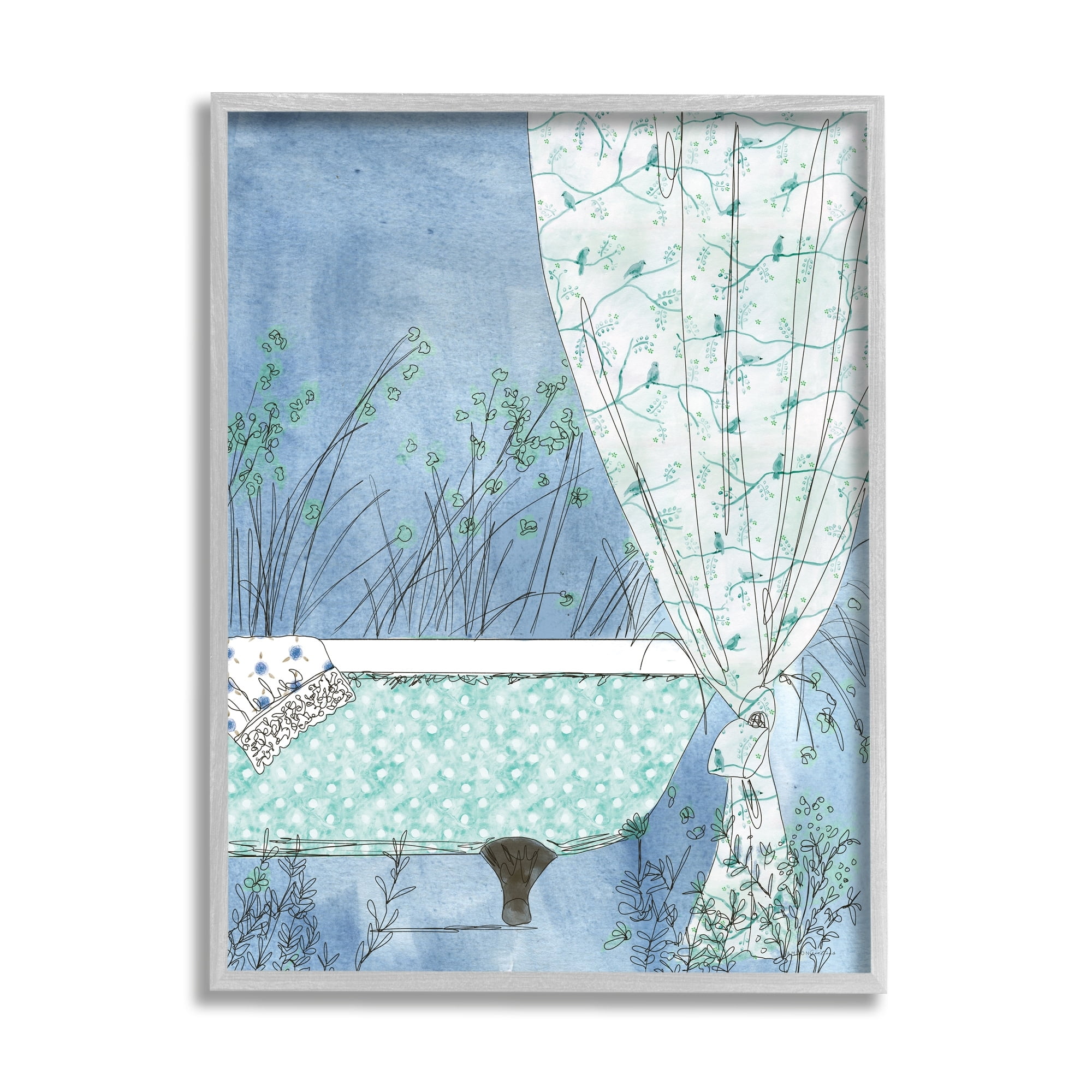 Stupell Industries Delicate Bathroom Claw Tub Curtain Floral Blossom Painting Gray Framed Art Print Wall Art, Design by Kamdon Kreations