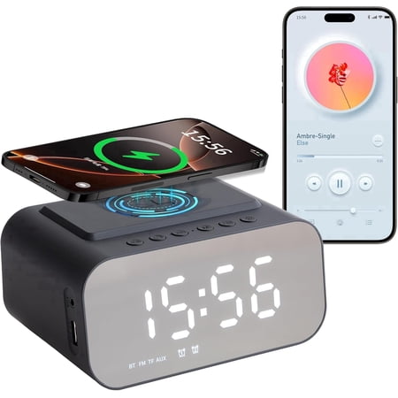 Bluetooth Digital Alarm Clock for Bedroom, Loud Alarm Clock, Wireless Speaker, USB AUX Charger, Hands-Free Calling Function, Dual Alarm, 24 Adjustable Brightness