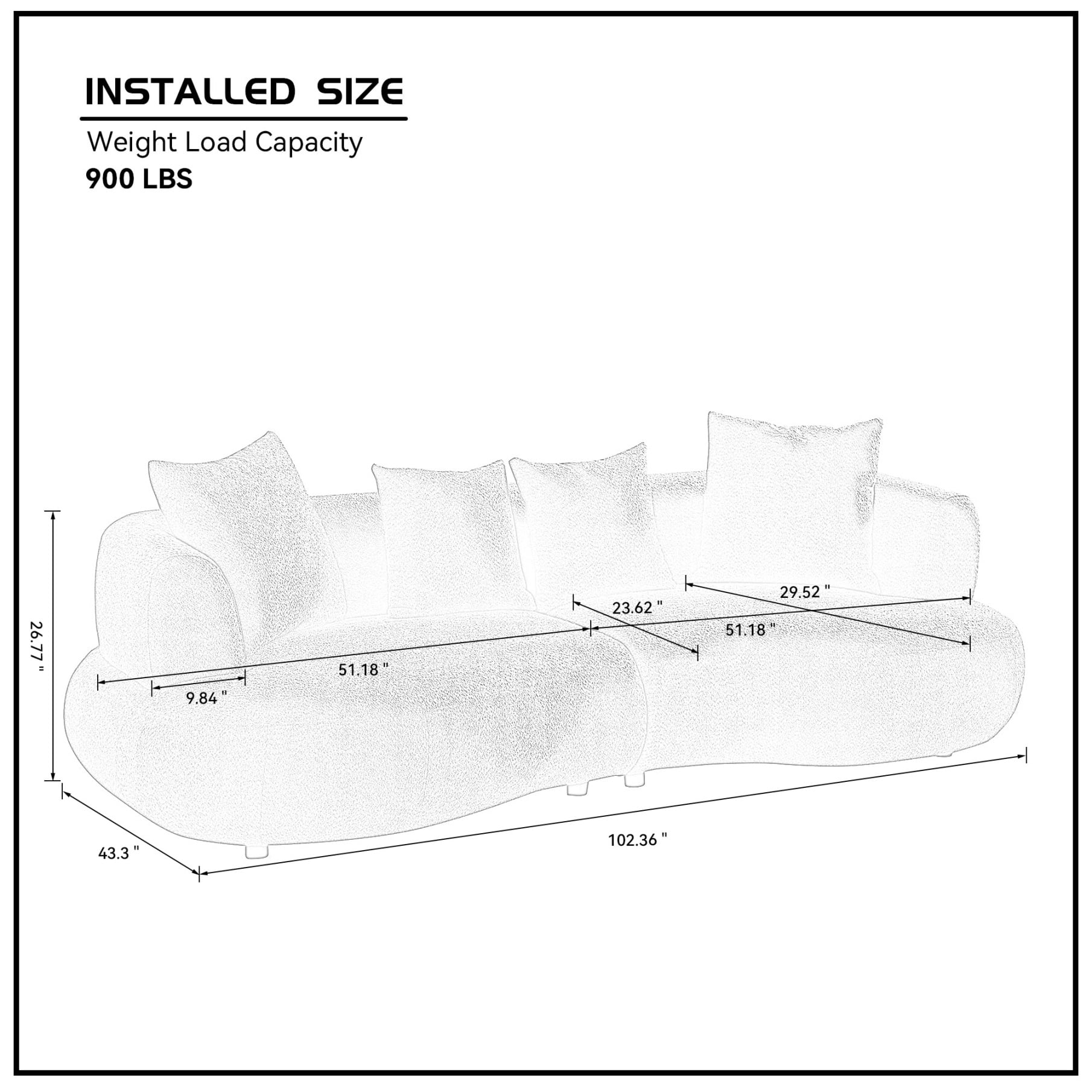 102" Curved Couch Modular Sectional Sofa, Minimalist Style Comfy Couch with 4 Pillows, Upholstered 4-Seat Sofa Boucle for Living Room, Bedroom, Apartment, White