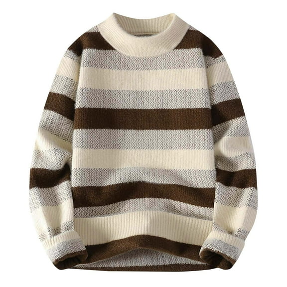SuTry Men's Elastic Knit Sweaters Casual Fall Winter Striped Color Block Warm Round Neck Styles Suitable for Cold Weather Wearing(Khaki,L)