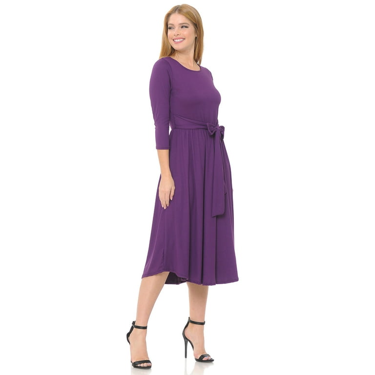 Iconic Luxe Women s A Line Midi Dress with Waist Tie Eggplant Medium Walmart