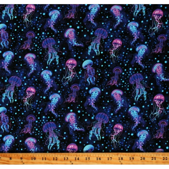 Cotton Jellyfish Aquatic Animals Creatures Ocean Water Sea Midnight Cotton Fabric Print by the Yard (SEA-CD2852-MIDNIGHT)