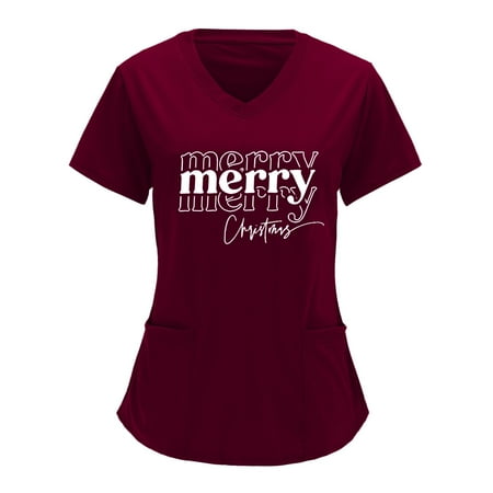 

Women s Holiday Scrub Tops V Neck Solid Color Overalls Partial Positioning Christmas Printing Solid Color Short Sleeve Top Overalls Top