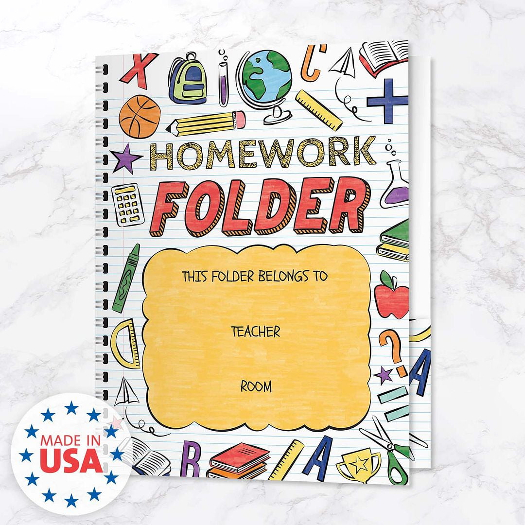 Homework Doodle Folders / 25 Colorful Classroom Student Folders / 9" x 12" School Teacher 2 Pocket Organizational Desk Folder Pack / Made In The USA