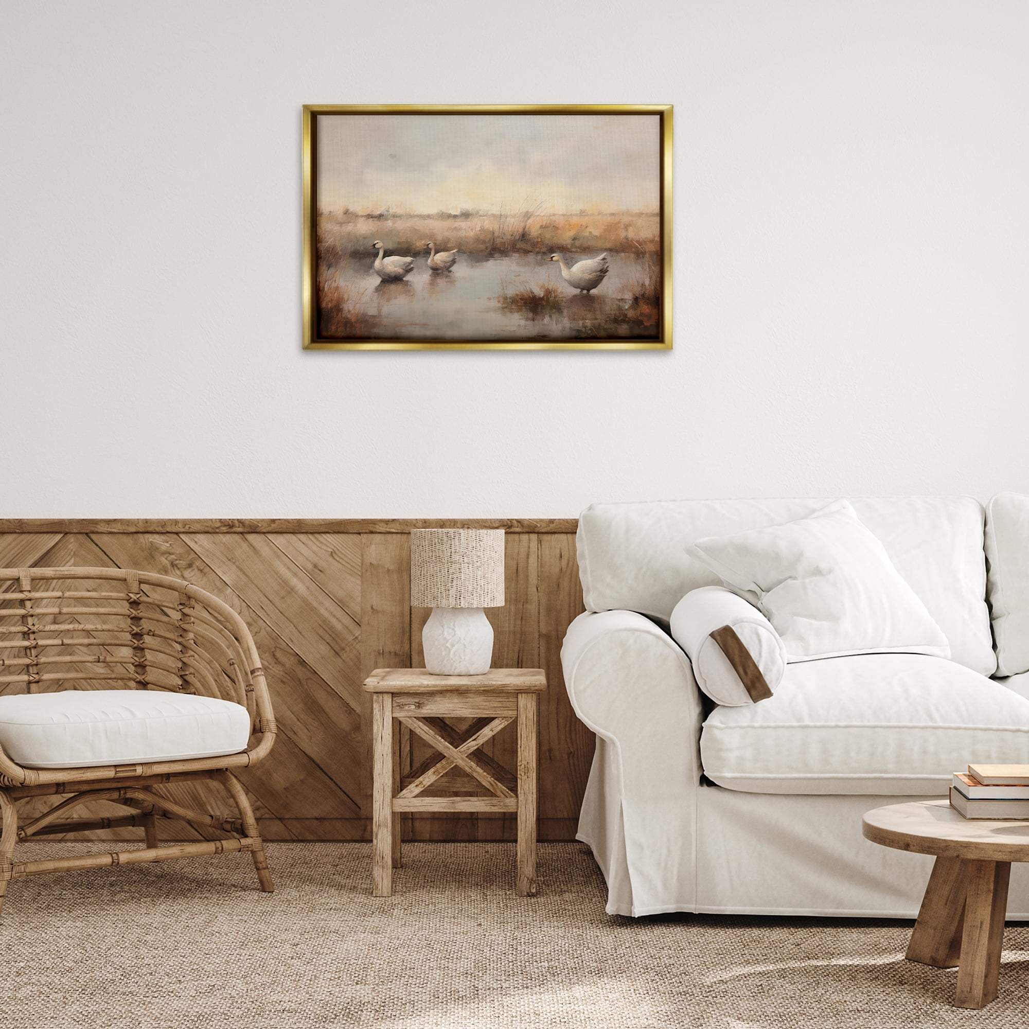 Stupell Industries Swan Family Rural Pond Landscape & Nature Painting Gold Floater Framed Canvas Art Print Wall Art, 31 x 21