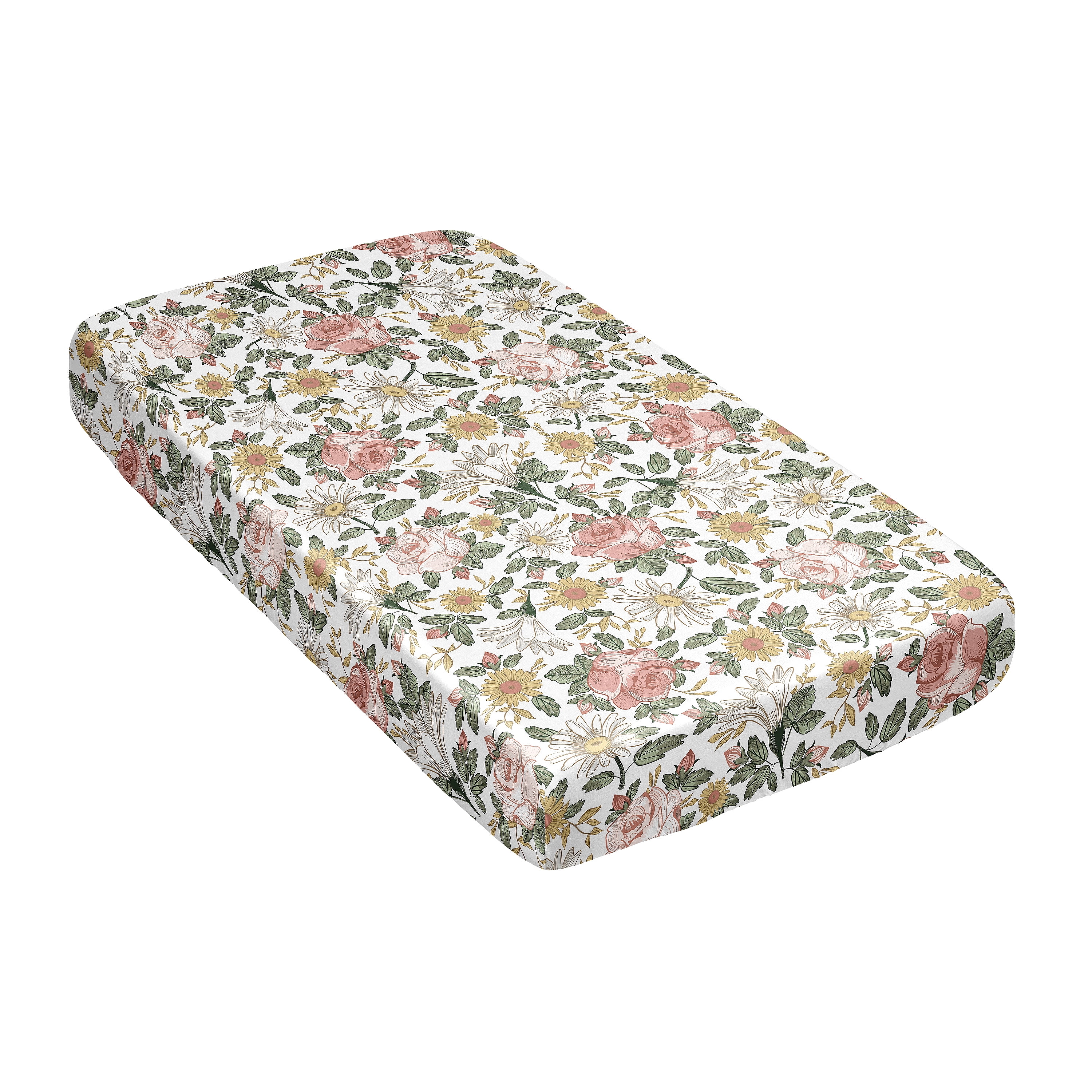 Sweet Jojo Designs Vintage Floral Blush Pink Yellow Sage Green White Satin Fitted Crib Sheet