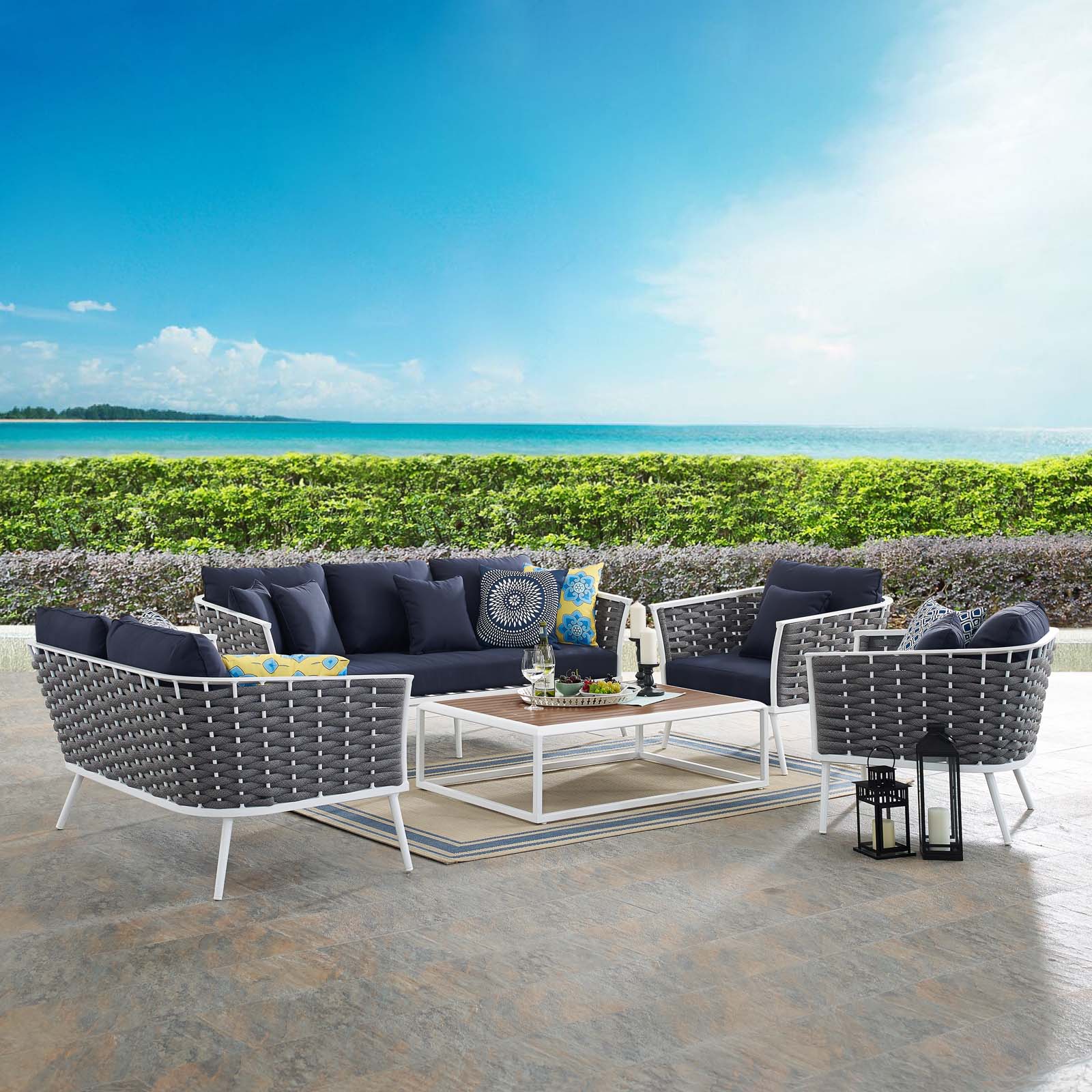 Modern Contemporary Urban Design Outdoor Patio Balcony Garden Furniture Lounge Chair, Sofa and Table Set, Fabric Aluminium, White Navy - image 7 of 11