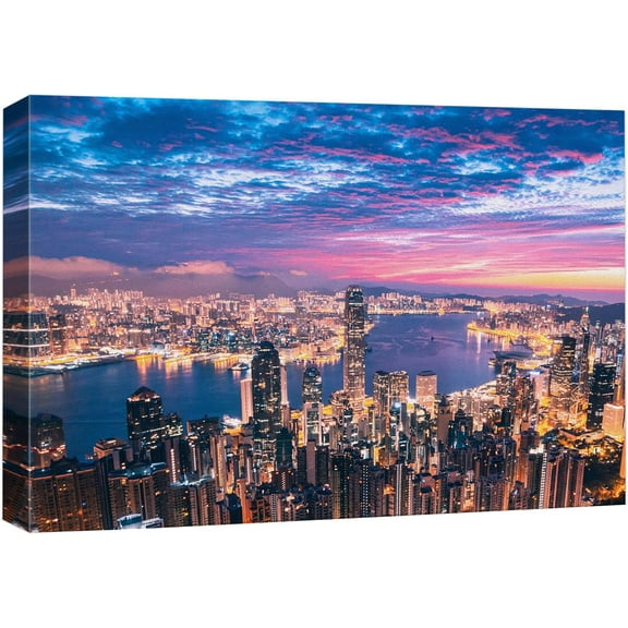 Wall26 Canvas Print Wall Art Pastel Sunset New York City Cityscape Skyline Downtown Buildings Photography Realism Decorative Panoramic Multicolor Landscape Scenic Modern Art for Bedroom - 12" x 18"