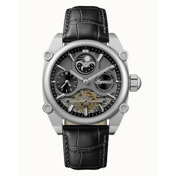 Ingersoll The Varsity Sun And Moon Phase Leather Strap Skeleton Grey Dial Automatic I15402 Men's Watch