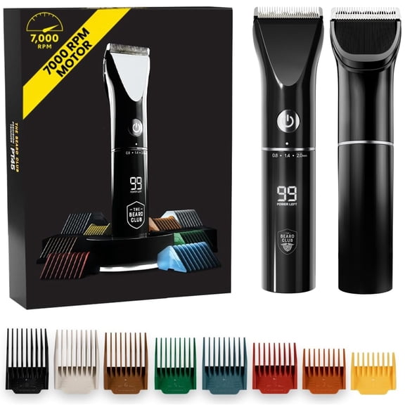 The Beard Club Precision Beard Trimmer for Men, 8 Guides with 45 Trim Settings Travel Barber Trimmer, Cordless Rechargeable Beard & Hair Trimmer