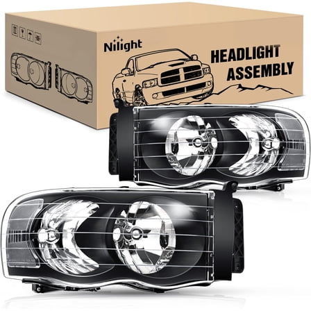 Nilight Headlights for 2002 2003 2004 2005 Ram 1500 2500 3500 Truck Black Housing Clear Corner,Headlight Assembly Replacement kit,Driver and Passenger Side,2 Pack