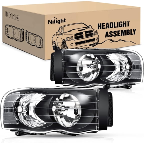 Nilight Headlights for 2002 2003 2004 2005 Ram 1500 2500 3500 Truck Black Housing Clear Corner,Headlight Assembly Replacement kit,Driver and Passenger Side,2 Pack