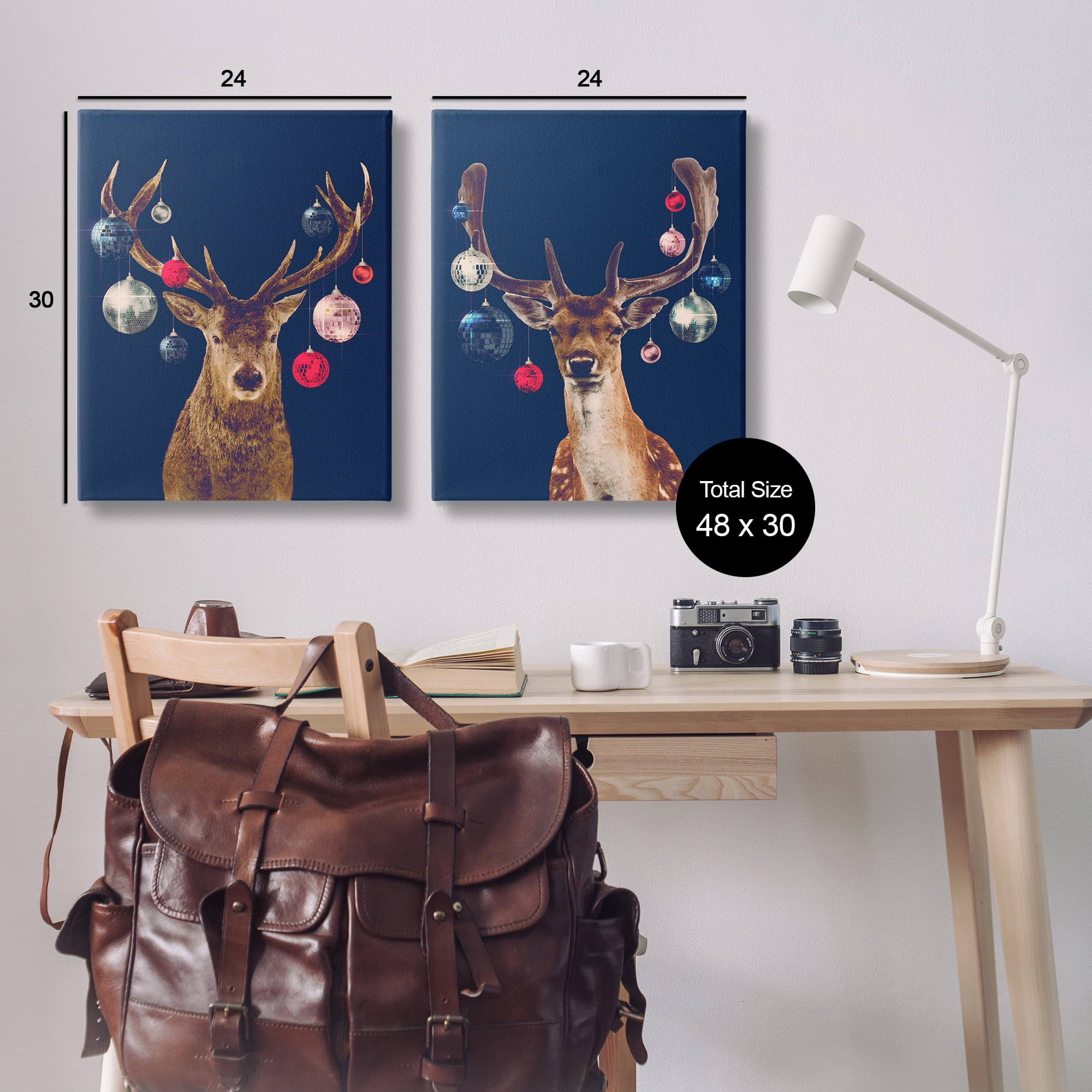 Stupell Industries Navy Brown Disco Deer Holiday Painting Wrapped Canvas Art Print Wall Art, 24 x 30, Set of 2