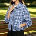 thumbnail image 6 of DISKEBUISS Women's Cropped Gingham Plaid Jacket Lapel Zip & Snap Long Sleeve Short Outerwear for Fall Winter, 6 of 8