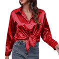 thumbnail image 3 of Womens Blouses Autumn Winter Satin Silk Solid Color Lapel Long Sleeve Loose Casual Tops Outwear, 3 of 6