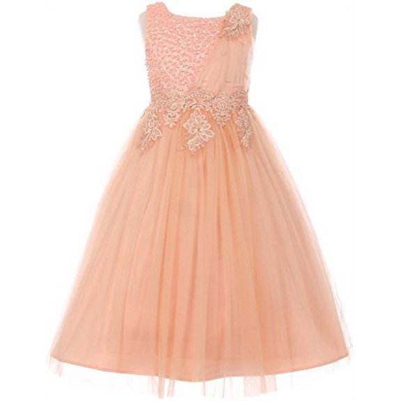 Flower Girl Dress Pearls Coilded Bodice Tulle Satin Skirt for Little Girl Blush 10 CC.5009