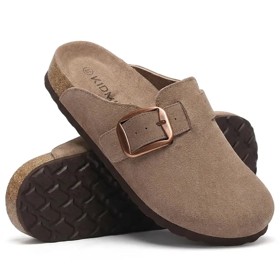 Litfun Suede Cork Footbed Clogs for Women & Men, Arch Support Closed-Toe Potato Shoes, Adjustable Buckle Slip-On Mules