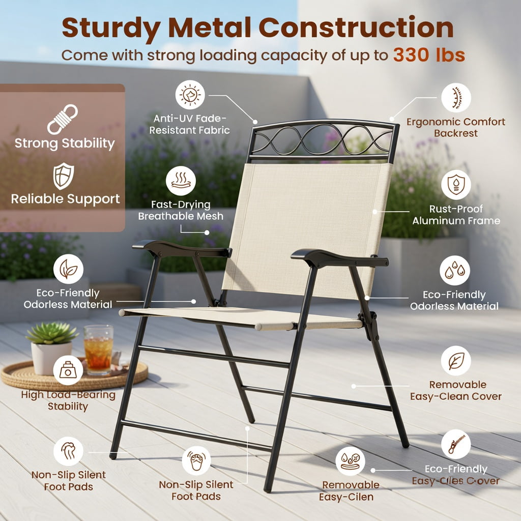 Hommoo 4-Pack Folding Patio Chairs with Armrests, Heavy-Duty Outdoor Dining Chairs, Ergonomic 105° Backrest, Beige