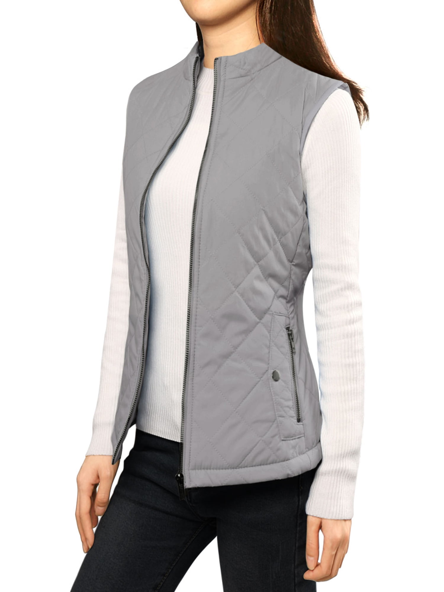 DARING DIVA Women's Zip Stand Collar Quilted Padded Vest L Gray