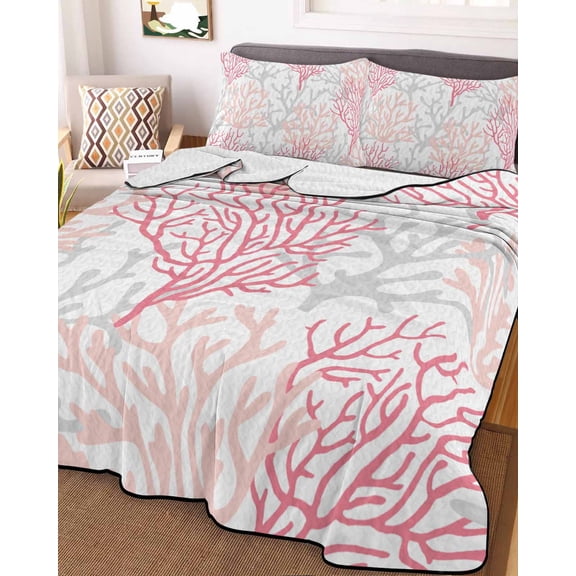 Pink Grey Coral Coastal Full Size Down Alternative Comforter, Lightweight Comforter Quilt Bedding Set with Pillow Shams Summer Beach Seaside Nautical All Seasons Bed Comforter Duvet Insert 78"x90"