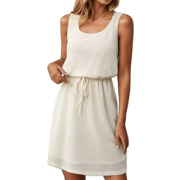 2 Piece Skirt Sets for Women Square Neck Drawstring Sleeveless Solid Vest Dress Womens 2 Piece Outfits Summer Beige L