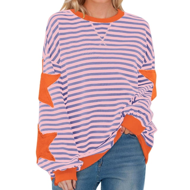 ZVAVZ Chandail en Molleton Rayé pour Femmes à Manches Longues Col Rond Automne Surdimensionné Décontracté Chandail Haut 2025 Y2K Tenues Preppy Orange P
