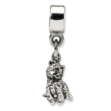 Sterling Silver Polished Antique finish Reflections Kids Cat Dangle Bead Charm