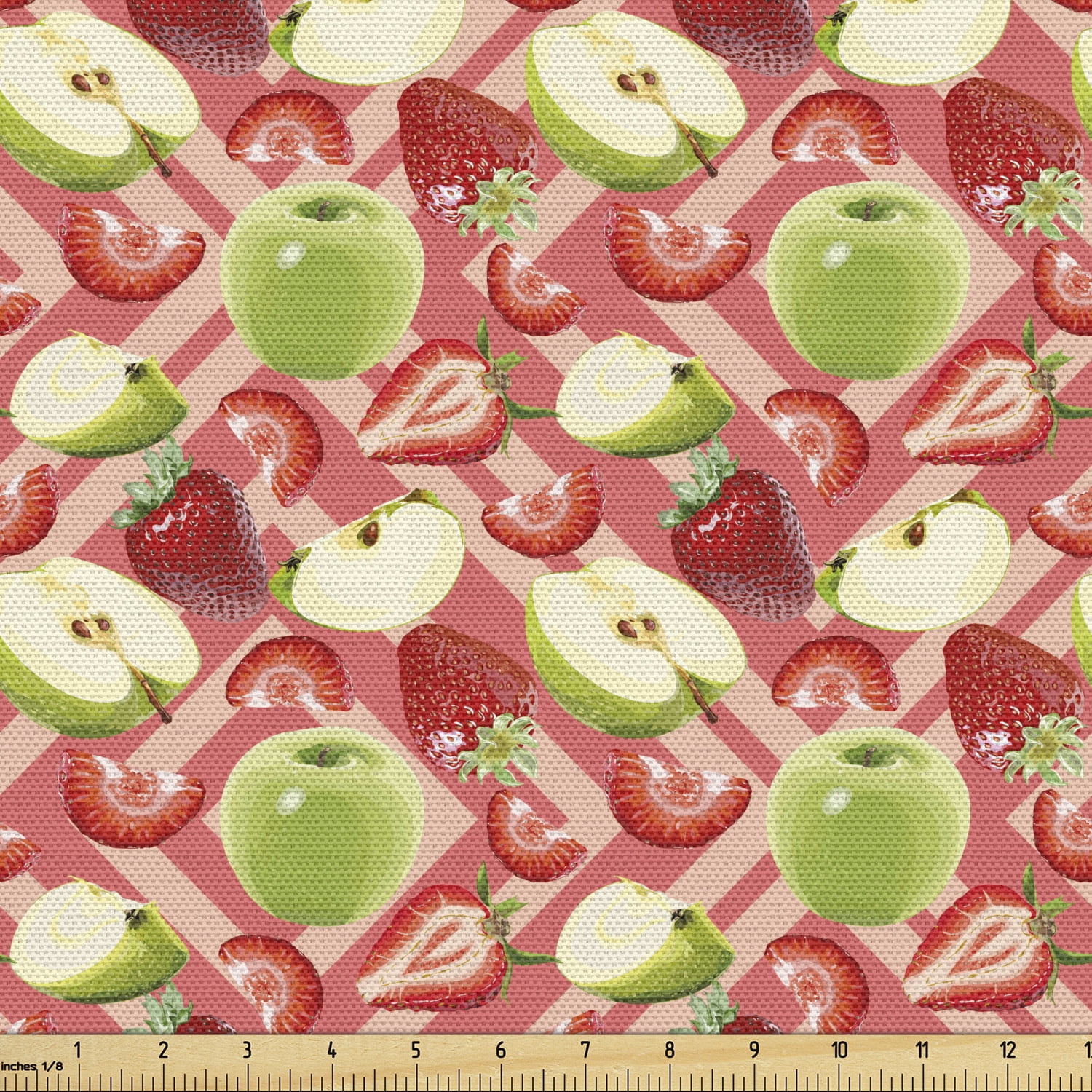 Fruit Fabric by the Yard, Green Apples and Strawberries Image on