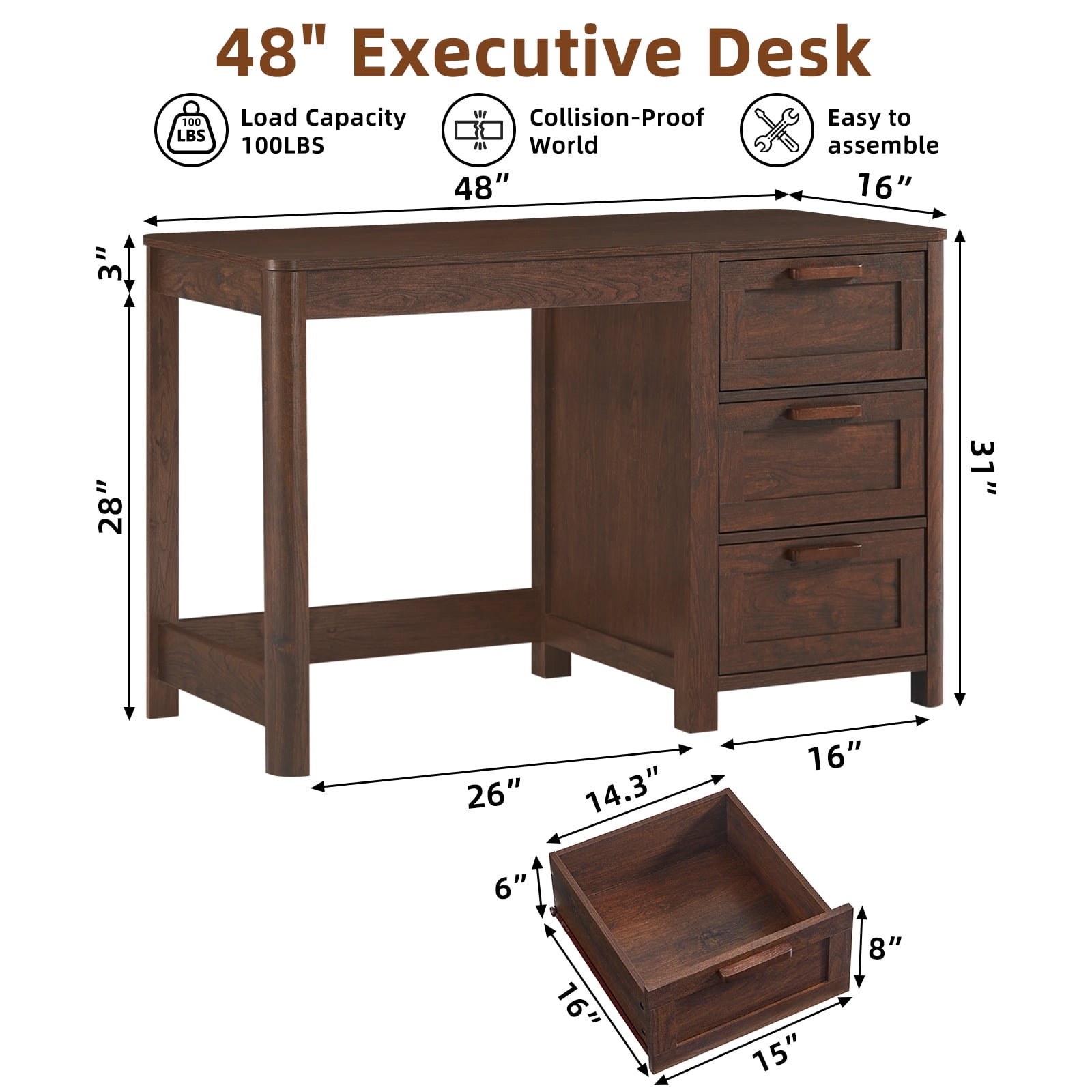 Joaxswe 48" Computer Desk with 3 Drawers, Wood Home Office Desk, Farmhouse PC Desk for Study, Bedroom, Walnut