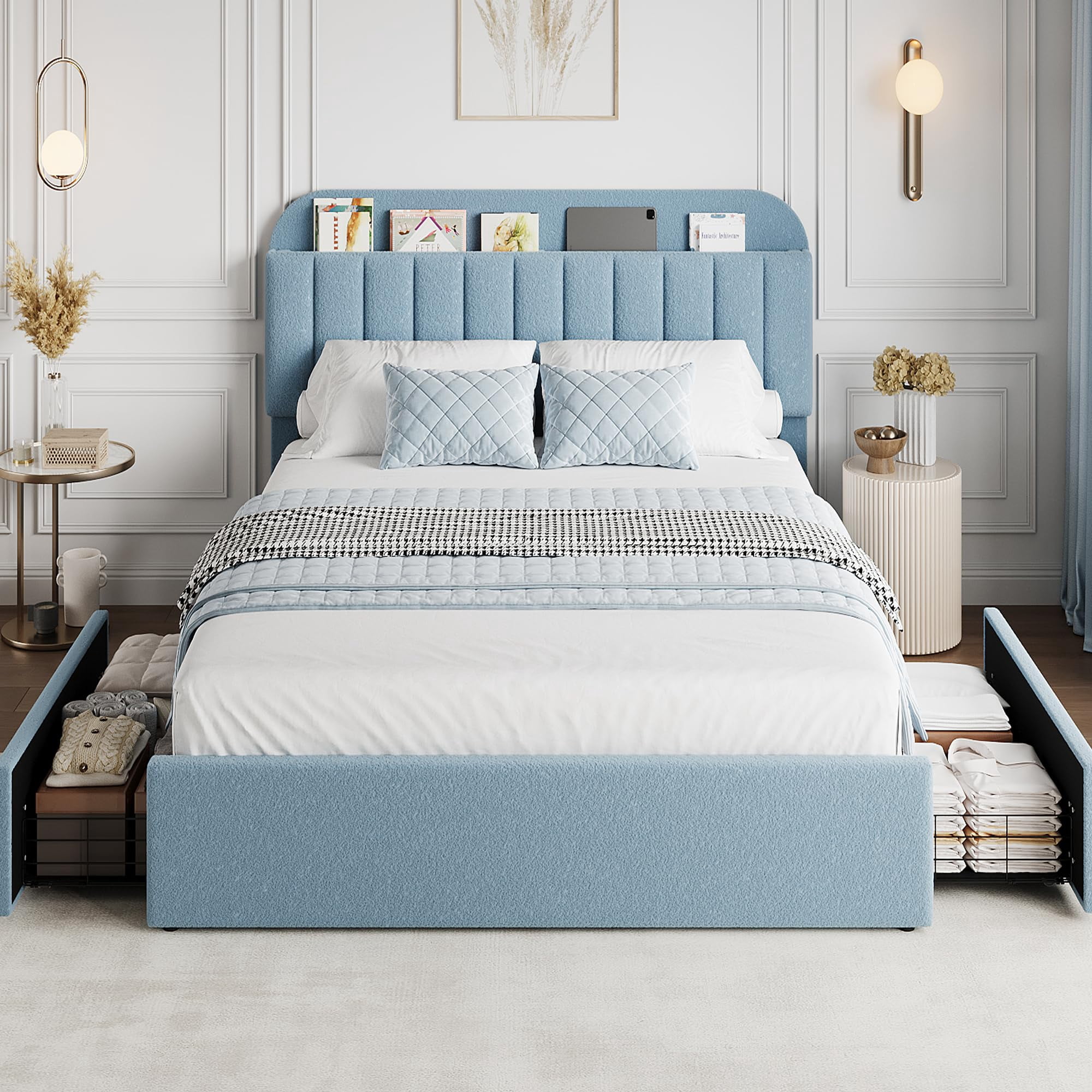Upholstered Platform Bed Frame with Storage Full Size Bookcase Headboard & 2 Drawers(Blue)