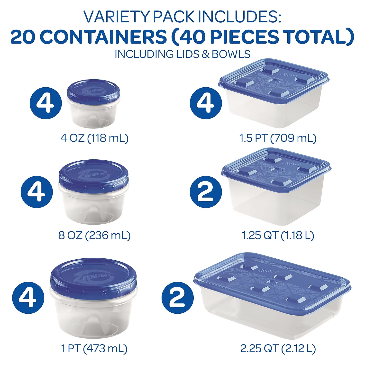 Ziploc® Brand, Food Storage Containers With Lids, Variety Pack, Twist 'N  Loc, Mini, Extra Small, Small, Medium, 18 Piece Set, 9 Total Containers, Food Storage Containers