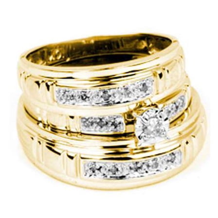 0.15 Carat (ctw) 10K Yellow Gold Round White Diamond Men & Women's Engagement Ring Trio Bridal Sets
