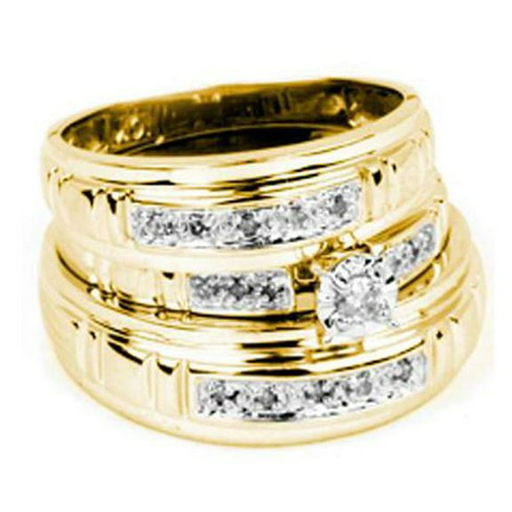 0.15 Carat (ctw) 10K Yellow Gold Round White Diamond Men & Women's Engagement Ring Trio Bridal Sets