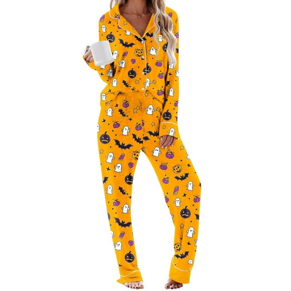 successthop Halloween Pajamas Spooky Printed Long Sleeve Tops with Full Pants Button with Pockets Loungewear