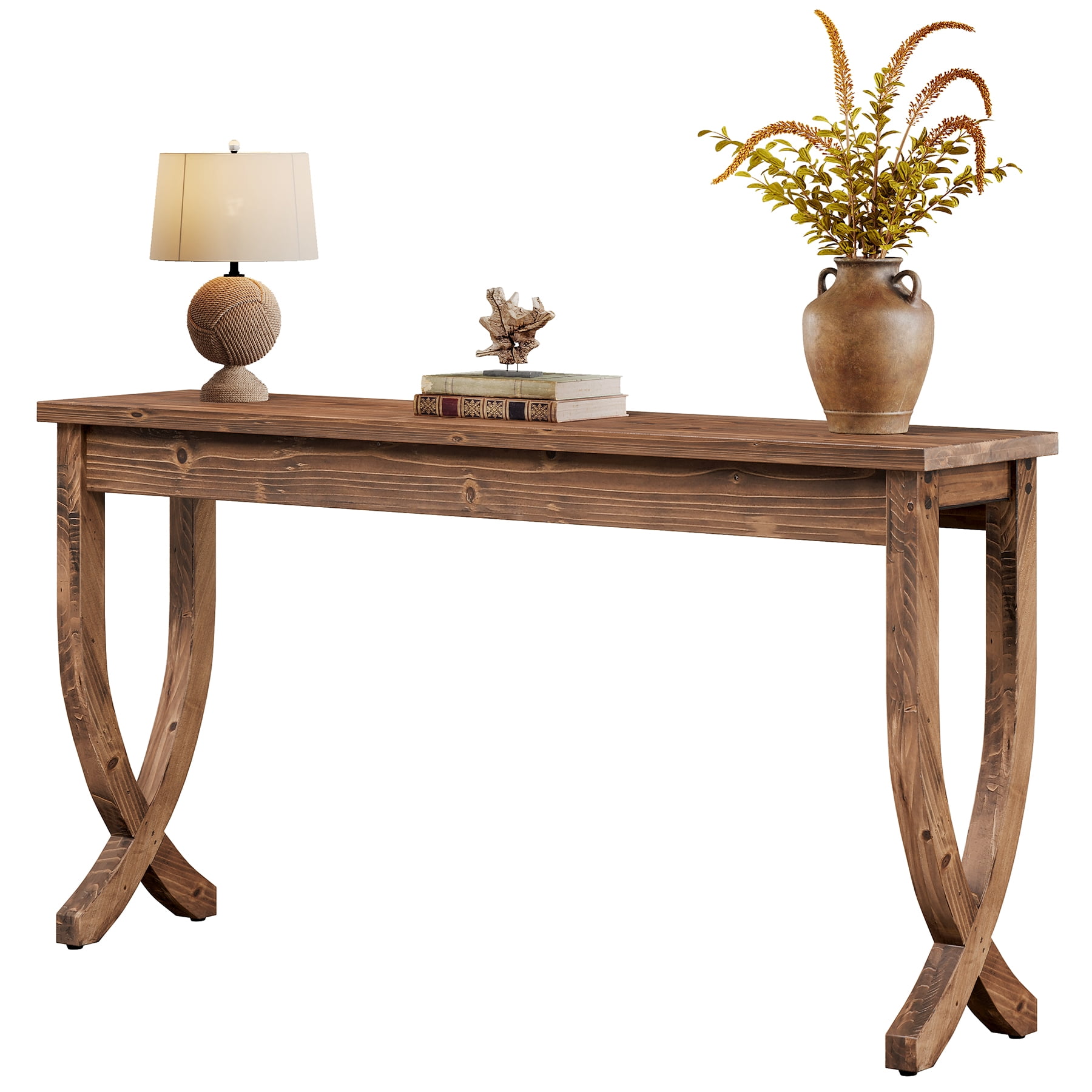 Fnova 63" Console Table, Long Farmhouse Entryway Table, Solid Wood Sofa Table with X-Shaped Legs for Living Room, Entrance, Foyer