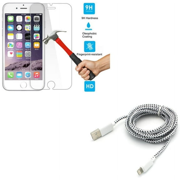iPhone 8/7/6S/6 - Tempered Glass Screen Protector w Charger Cord 6ft USB Cable - HD Clear 2.5D Round Edges Display Cover Guard, Power Wire Braided Long Sync for iPhone 8/7/6S/6
