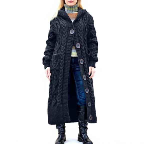 CharmCyan Women's Loose Button Pocket Cable Knitted Mid-length Coat Black L