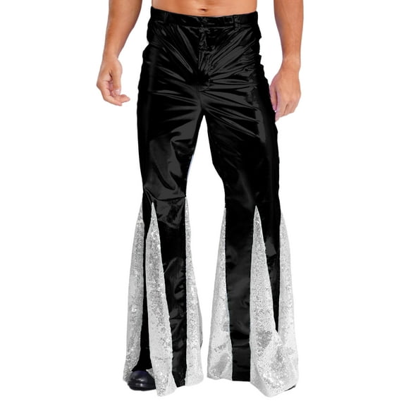 YiZYiF Mens Shiny Metallic 70s Disco Pants Hippie Costume Sequins Flared Bell Bottoms Black XXL