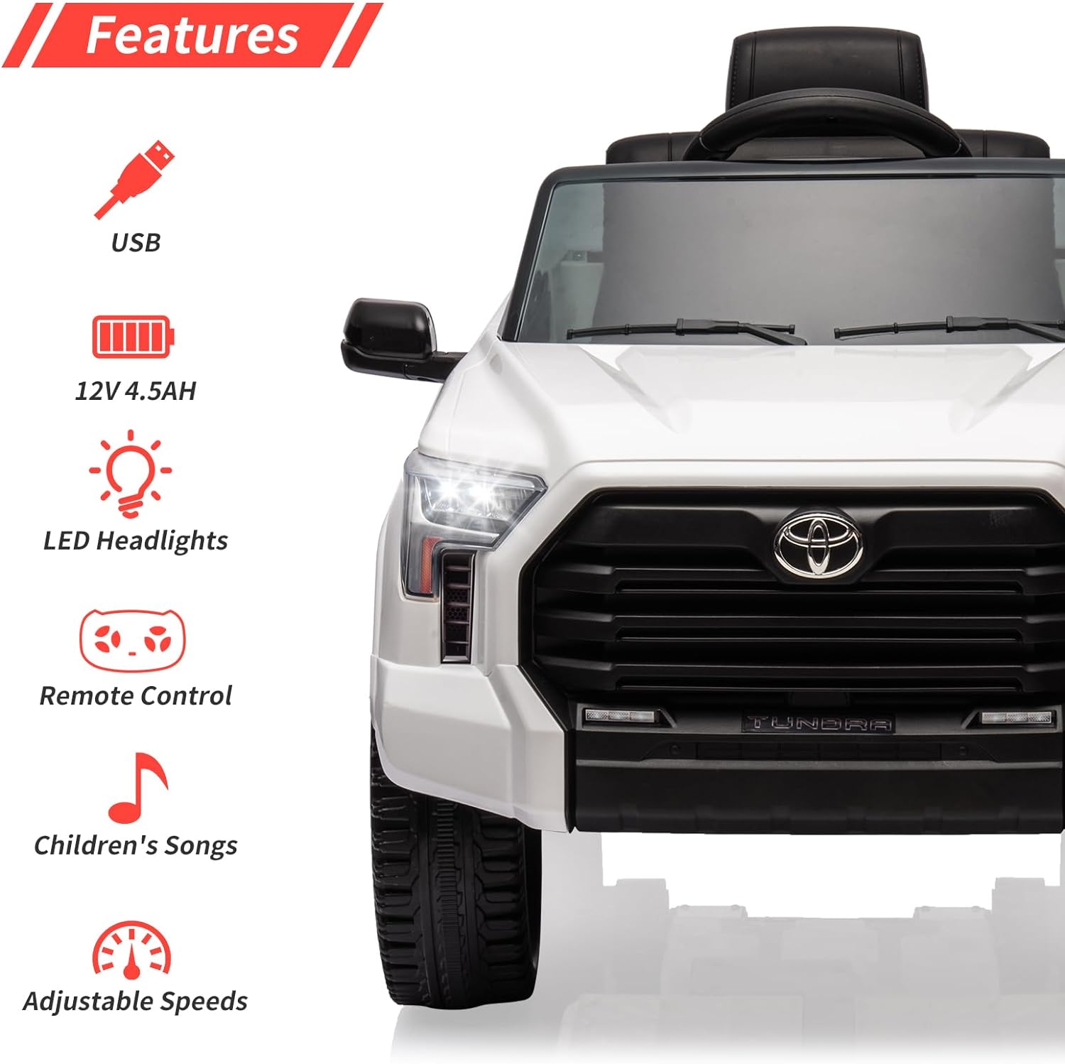 Toyota Tundra 12V Ride on Truck Car for Kids, , Battery Powered Electric Toys with Remote Control, MP3, LED Lights, Suspension System, Double Doors, Safety Belt, for 3+ Years Old, White